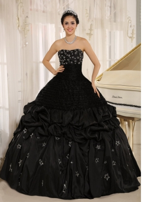 Black Appliques Taffeta Strapless Quinceanera Dress Ruched
