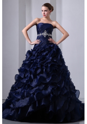 Navy Blue Ruffles Brush Train Beading Quinceanea Dress