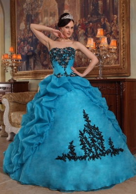 Teal Pick-ups Quinceanera Dress Organza Beading Strapless