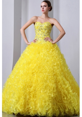 Sweet 15 Dresses Yellow A-Line Brush Beading Ruffles