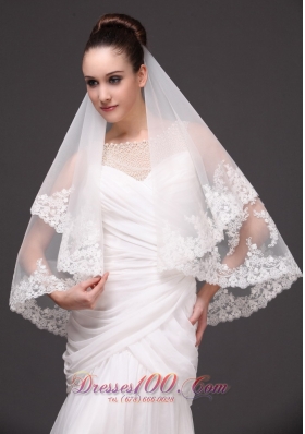 Two Layers Drop Bridal Veils Lace Applique Edge