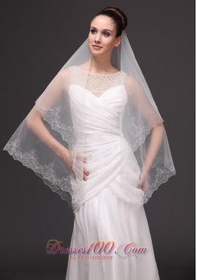 Lace Appliques Edge Oval Bridal Veils Two-tier