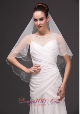 Embroidery Tulle Drop Bridal Veils For Wedding Two-tier