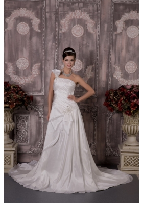 A-line One Shoulder Court Train Taffeta Appliques Wedding Dress