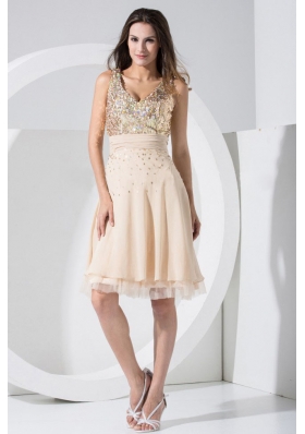 Champagne Prom Dress Sequins Knee-length Chiffon V-neck