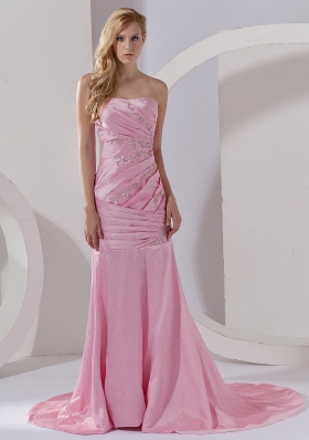 Mermaid Pink Taffeta Prom Dress Court Train Beaded