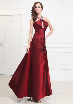 Beading Taffeta Prom Dress Halter A-Line Wine Red