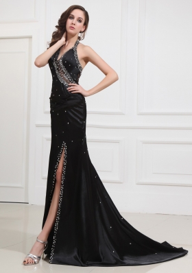 Column Black Brush Prom Dress with Halter High Slit