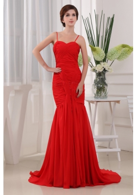 Mermaid Straps Chiffon Brush Pleats Prom Dress Red