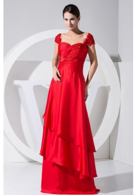 Cap Sleeves Red Tiers Brush Train Prom Dress