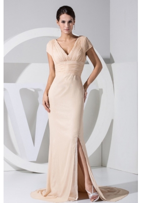 Slit Short Sleeves Champagne V-neck Prom Dress Brush