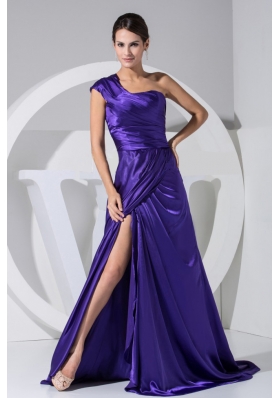 One Shoulder High Slit Purple Brush Prom Dress