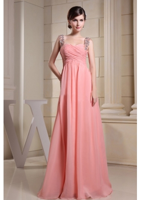 Beaded Straps Ruch Prom Dress Long Pink