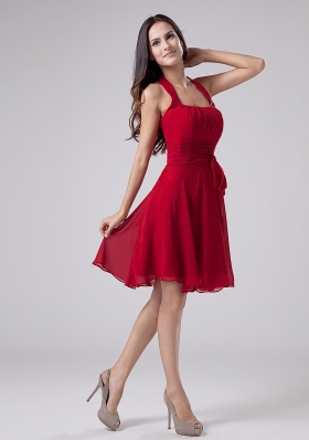 Red Halter Knee-length Pleating Prom Dress Party