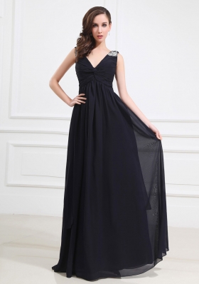 Beaded Shoulder Empire Black Long V-neck Prom Dress