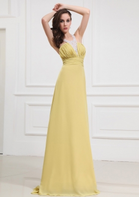 Halter Column Prom Dress Long Yellow Criss Cross