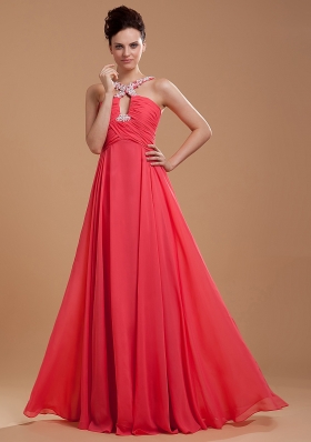 Keyhole V-neck Straps Back Appliques Coral Red Prom Dress