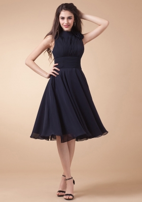 High-neck Navy Blue Prom Dress With Ruched Bodice