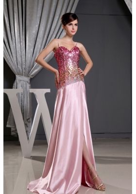 Spaghetti Straps High Slit Prom Dress Sequin Bodice