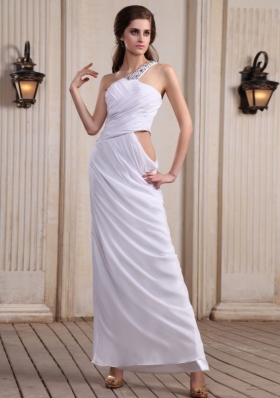 One Shoulder White Prom Dress Beaded Side Zipper