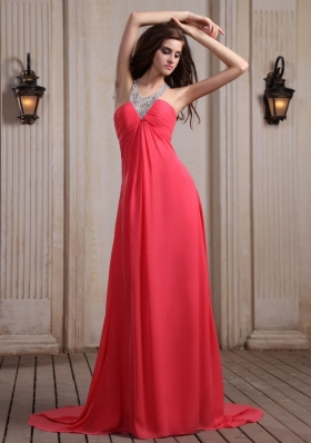 V-neck Halter Court Train Empire Coral Prom Dress