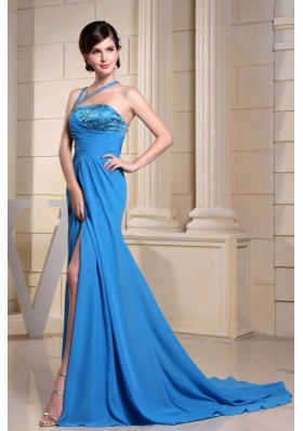 Beading Asymmetrical Neckline Blue Prom Dress High Slit