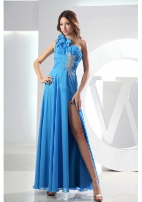Beading Baby Blue Prom Dress One Shoulder Empire