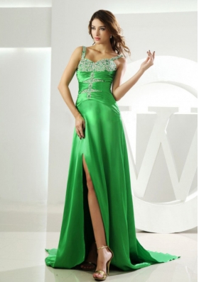 Beading Straps Spring Green Prom Dress Watteau