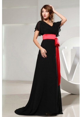 Black Prom Dress Black Sash Short Sleeves and Brush