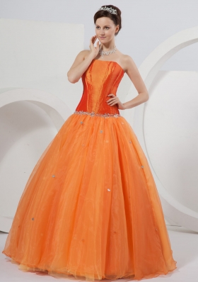 Orange Strapless A-line Organza Beading Quinceanera Dress
