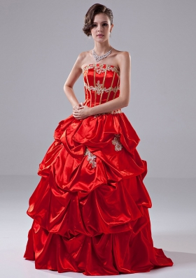 Red Appliques Taffeta Strapless Quinceanera Dress