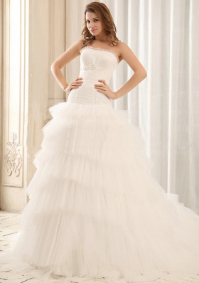 Popular Ruffled Layers Tulle Appliques Wedding Dress