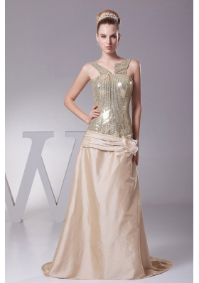 Champagne Prom Gown Hand Made Flower Sequin and Satin