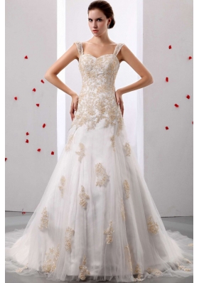 A-line Wedding Dress Straps Appliques Court Train