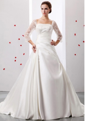 Square Weding Dress With Ruch and Appliques Satin