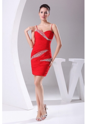 Red Chiffon Spaghetti Straps Prom DressBeading and Ruching