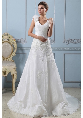 V-neck A-line 2013 Wedding Dress Lace With Ruched Bodice