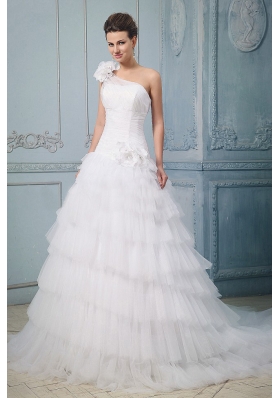 Ruffled Layered One Shoulder Wedding Dress Hand Made Flowers