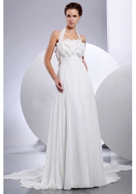Halter Wedding Dress With Hand Made Flowers Appliques