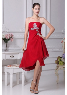 Appliques Decorate Bodice Strapless Chiffon Asymmetrical Wine Red 2013 Prom Dress