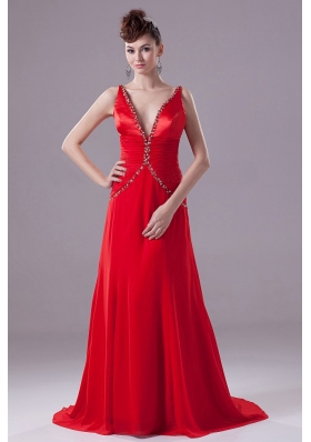 Brush Train Sexy Red Prom Formal Dress Beading V-neck