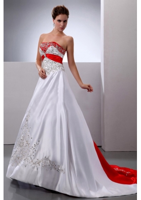 A-line Embroidery and Beading Court Train Wedding Dress