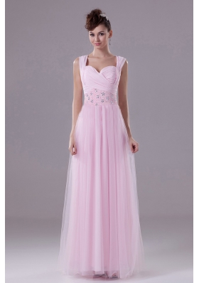 Square Tulle Pink Prom Maxi Dress with Beading