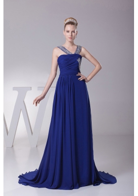 Beaded V-neck and Ruch Blue Prom Maxi Dress