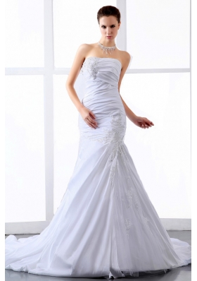 A-line Wedding Dress Court Train With Appliques Ruching