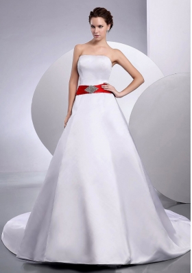 Red Belt Wedding Gowns Dresses Court Train Satin