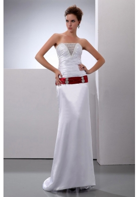 Column Strapless Wedding Dress Sweep Train Satin