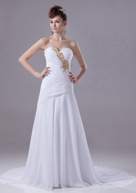 Ruched Appliques Chiffon Court Train White Wedding Dress