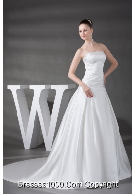 A-line Beading Satin Strapless Chapel Train Wedding Dress