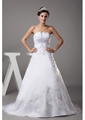A-line Strapless Court Train Appliques Wedding Dress
